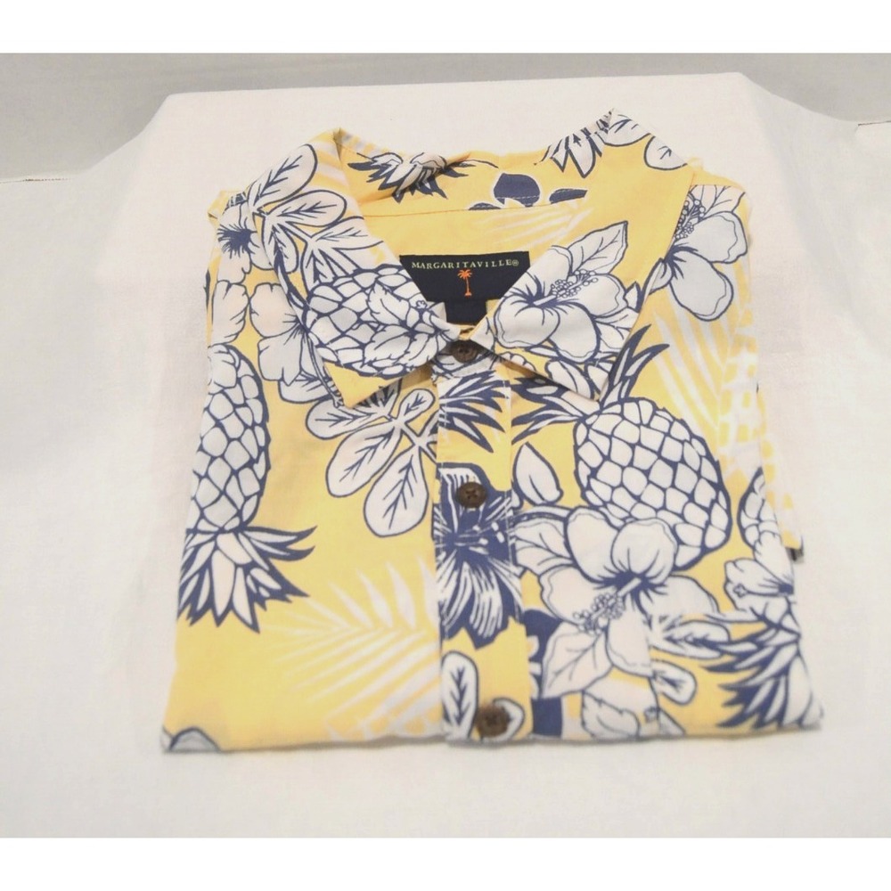 New-Margaritaville Mens XXL Hawaiian Shirt Yellow Pineapple Hibiscus Resort-Wear